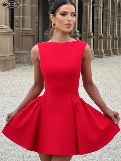 Women Red High Waist A-line Mini Dresses Elegant Zipper Backless Fashion O Neck Slim Fit Robes Sexy 2024 Autumn Club Party Gowns