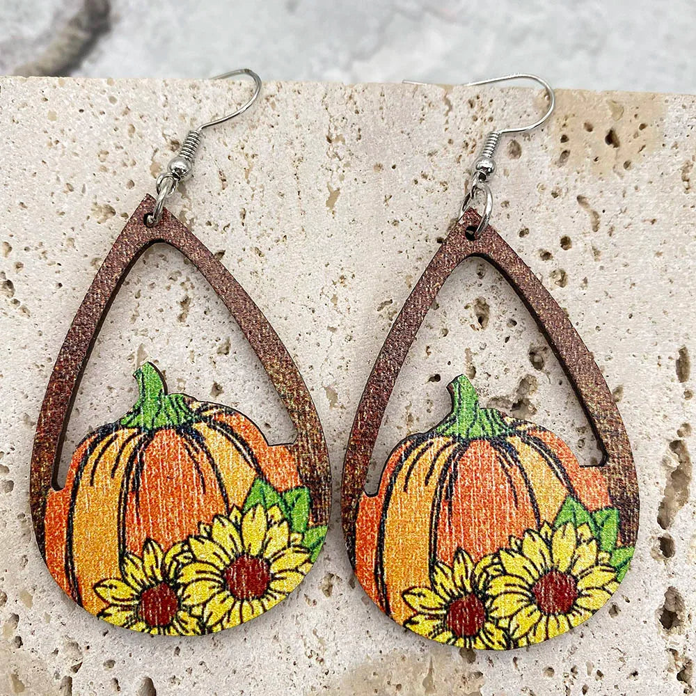 Laser Cutout Wood Sunflower Cactus Teardrop Earrings for Women New Arrival USA Popular Jewelry Boutique Gifts Thanksgiving