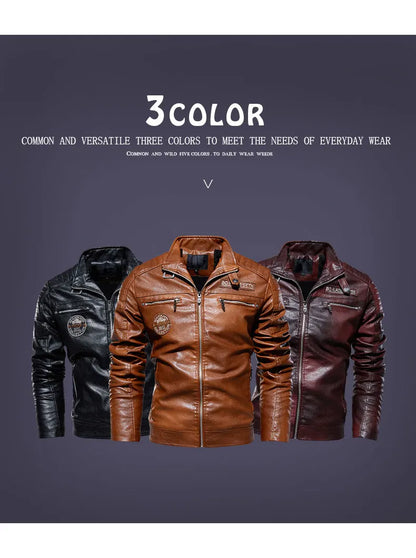 Leather Jacket Men Winter Fleece Motorcycle Faux Leather Jacket Removable Fur Collar Windbreaker, Slim Coat