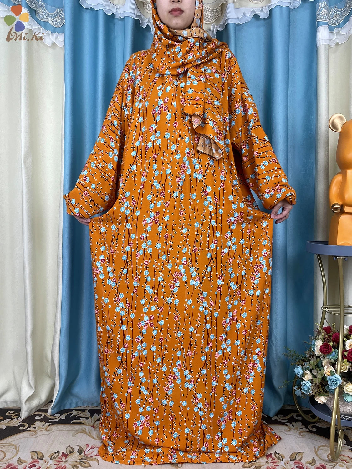 New African Muslim Women Hooded Abaya Turkey Cotton Prayer Garment Kaftan With Hijab Floral Prints Dubai Saudi Robe In Ramadan