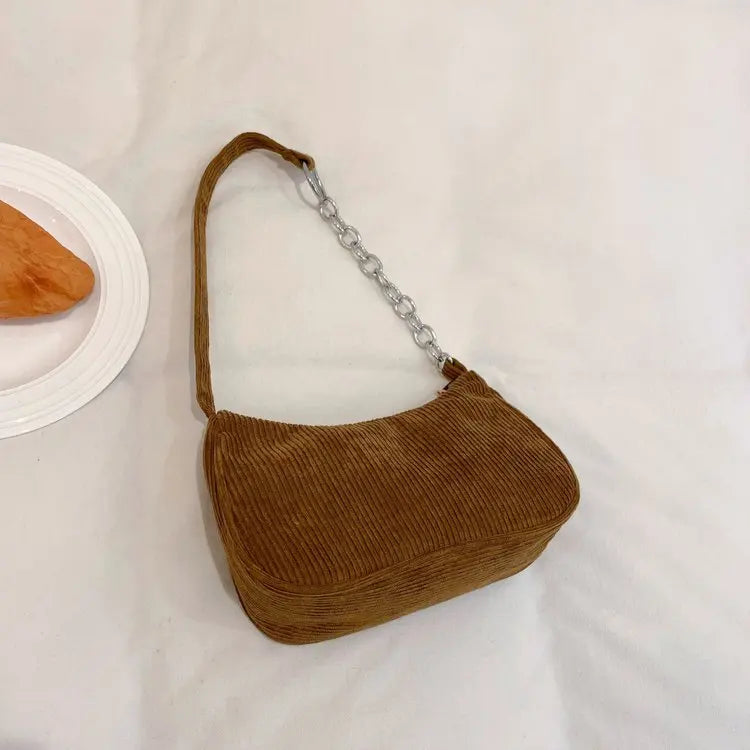 Autumn And Winter New Portable Small Square Bag Stuffed Shoulder Fashion Retro Corduroy Underarm Baguette Bag Handbag