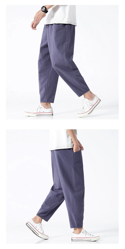 100% Cotton Summer Casual Pants for Men - Trendy Japanese Style Cropped Loose-Fit Pants, Available in Size 5XL