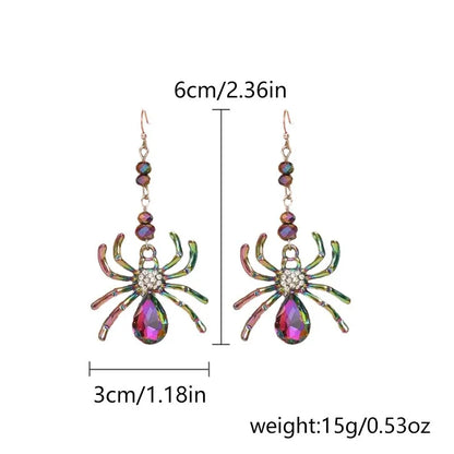 Colorful Spider Design Shiny Artificial Crystal Inlaid Dangle Earrings for Women Punk Metal Spider Earrings Halloween Jewelry