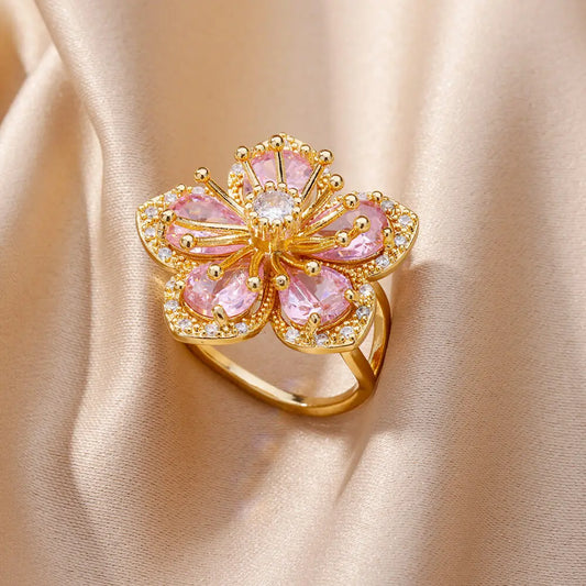 Delicate Pink Zircon Flower Rings – Gold-Tone Stainless Steel, Trend in Elegant Luxury Aesthetic Jewelry