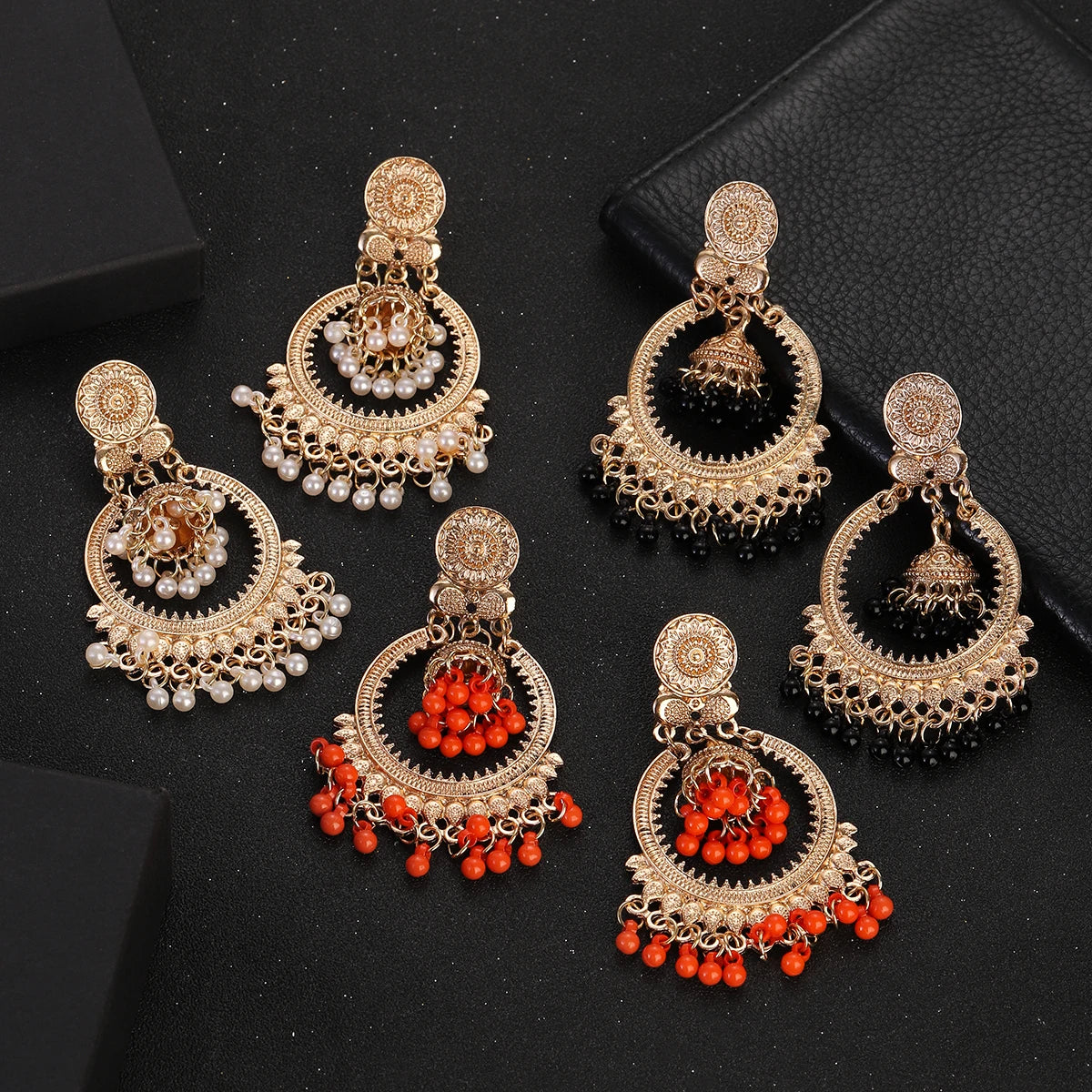 Classic Vintage Gold Round Dangle Earrings for Women - Bohemian Flower Bells, Pearl Tassel Jhumka