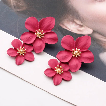 Big Korean Double Flower Drop Earrings - Statement Metal Earrings, Boho Fashion Jewelry, Ideal Girl Gift