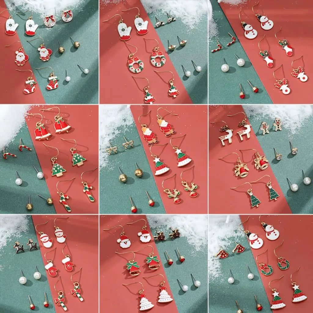 6 pairs/lot Christmas Earrings Xmas Tree Elk Snowman Santa Claus Cute Stud Earrings Set Kit Christmas Gifts For Women Girls Kids