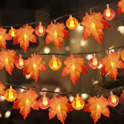 Artificial Autumn Maple Leaves Pumpkin Garland LED Fairy String Light Fall Thanksgiving Decorations Halloween Party DIY Supplies