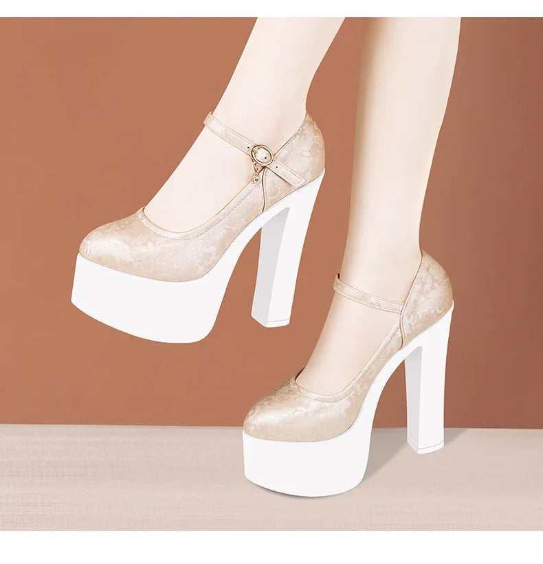 15cm Small Size 32-43 Sexy Embroider Chunky Platform Shoes Women Pumps Fall Block High Heels Shoes for Model Party Show