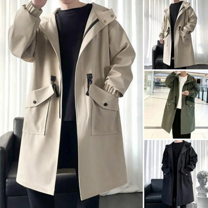 Zippered Long-sleeve Coat for Men Streetwear Men's Trench Coat with Hood Mid-length Big Pockets Windproof Anti-wrinkle Zipper