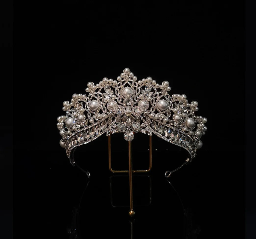 Luxury Bridal Wedding Crown and Tiara Set - Crystal Pearl Baroque Headdress