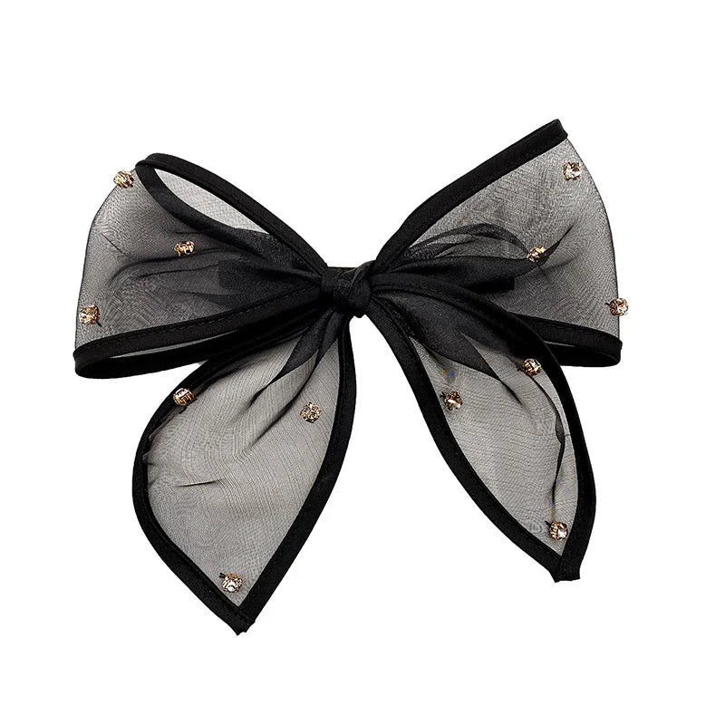 New Mesh Bow Hairpin - Simple Back Head Rhinestone Spring Clip