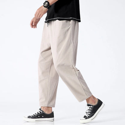 100% Cotton Summer Casual Pants for Men - Trendy Japanese Style Cropped Loose-Fit Pants, Available in Size 5XL