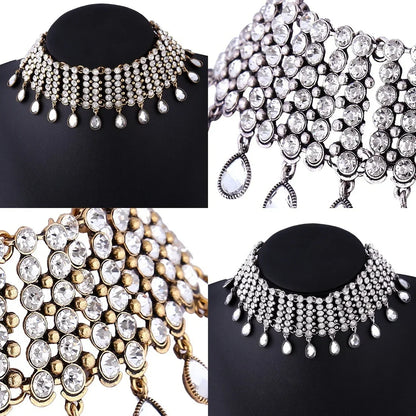 Wild Brilliant Crystal Rhinestone Choker Necklace - Authentic Indian Bib Statement Jewelry, Perfect for Parties