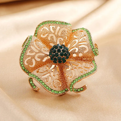 Luxury Big Flower Zircon Ring - Classic Hollow Gold Color Adjustable Ring