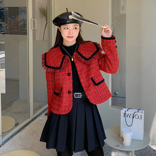 High Quality Retro Red Suit Jacket Women's Autumn Winter Tweed Fashion Navy Collar Ladies Blazers