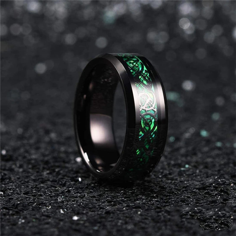 10 Colors 8mm Men's Stainless Steel Celtic Dragon Ring Inlay Red Green Black Carbon Fiber ring Wedding Band Jewelry Size 6-13