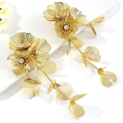 Fashion Rhinestone Flower Pendant Long Tassel Earrings - Trendy Exaggerated Hanging Earrings, Perfect Party Jewelry Accessories