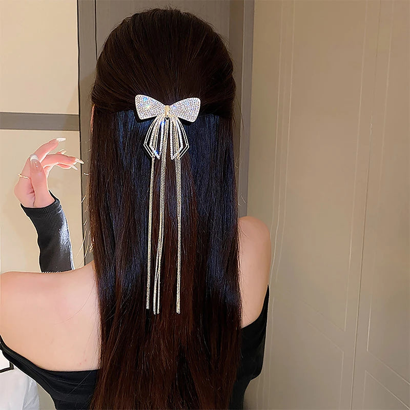 Fashion Bow Tassel Hair Clips - Delicate Sparkly Rhinestone Tassel Hairpin Hair Accessories