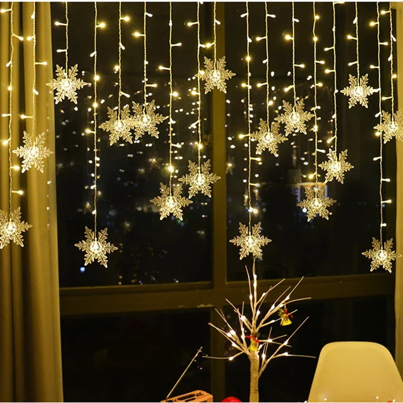 Christmas Decorations 2024 Snowflake Window Curtain Garlands Led Icicle Fairy Lights Flashing 8 Modes EU-Plug New Year