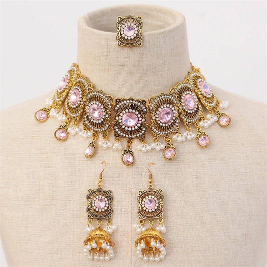 Retro Indian Bridal Jewelry Sets - Ethnic Gold Plated Necklace, Earrings, and Ring Set, Perfect for Wedding and Party Jewelry