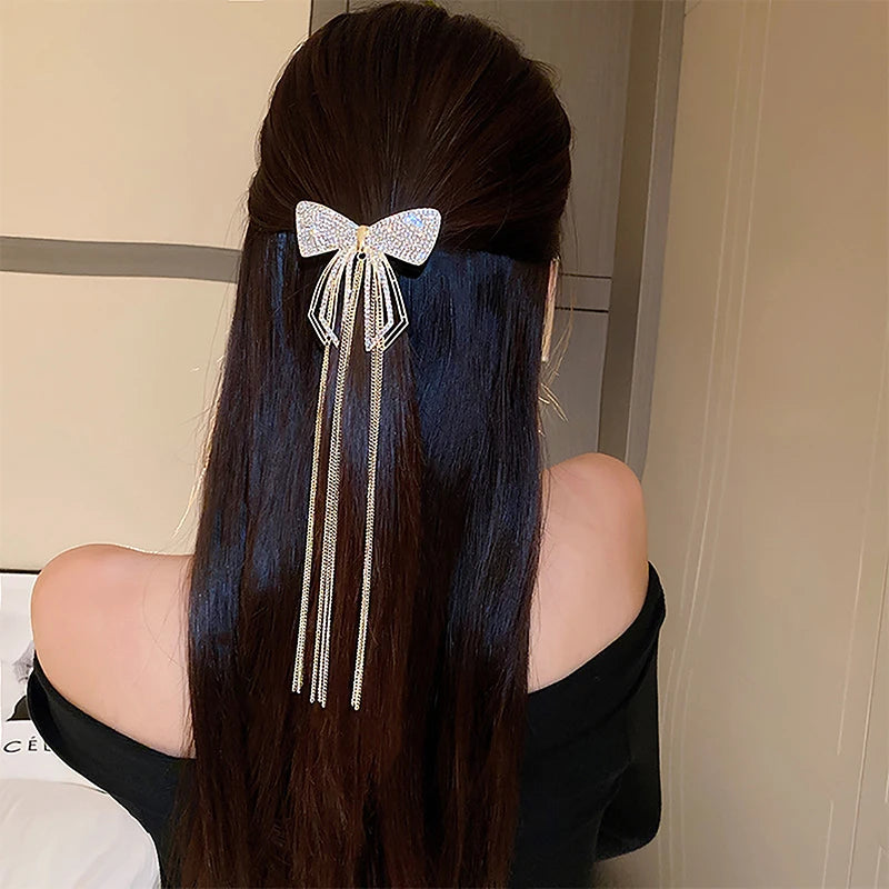 Fashion Bow Tassel Hair Clips - Delicate Sparkly Rhinestone Tassel Hairpin Hair Accessories