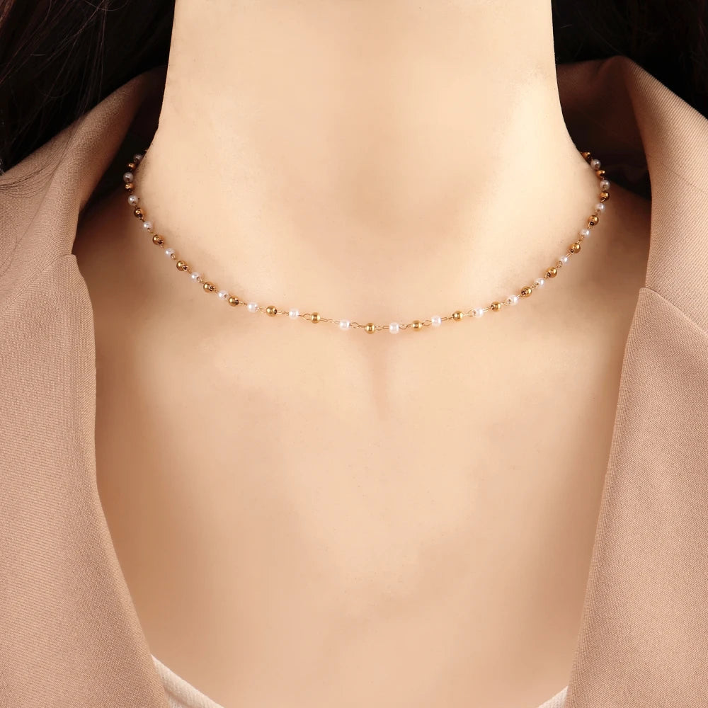 Stainless Steel Imitation Pearl Chain Necklace for Women - Fashion Gold Color Beads Jewelry