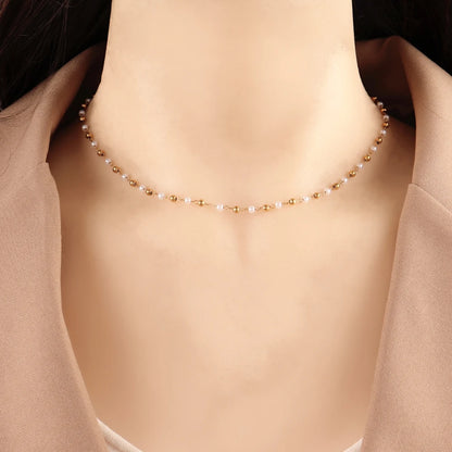 Stainless Steel Imitation Pearl Chain Necklace for Women - Fashion Gold Color Beads Jewelry