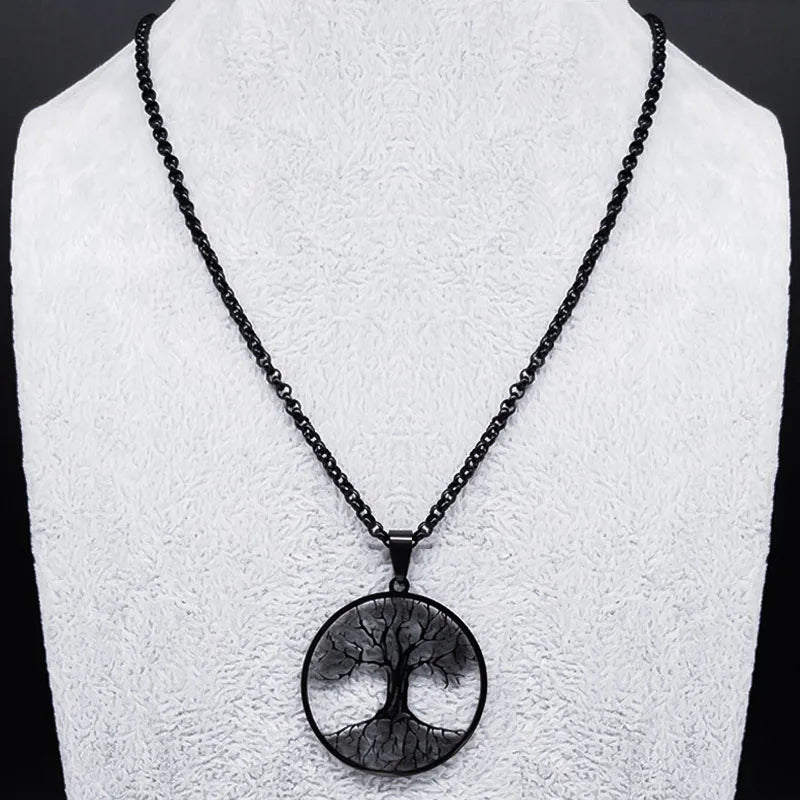 Tree of Life Stainless Steel Long Necklace for Men Black Color Necklaces & Pendants Jewelry