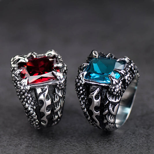 Retro Dragon Claw Blue Black Red Stone Ring For Men Punk Hip Hop Stainless Steel Dragon Claw Ring Nightclub Party Jewelry Gift