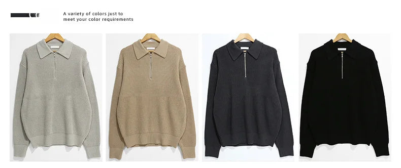 1970s Retro Lazy Style Men Half-zipper Wool Sweater Loose Casual Line Clothing Autumn Winter Edition Teens Adults