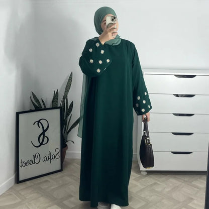 Daisy Embroidery Muslim Modest Dress for Women Eid Saudi Arabia Dubai Abaya Luxury Islam Turkey Holiday Party Jalabiya Robe