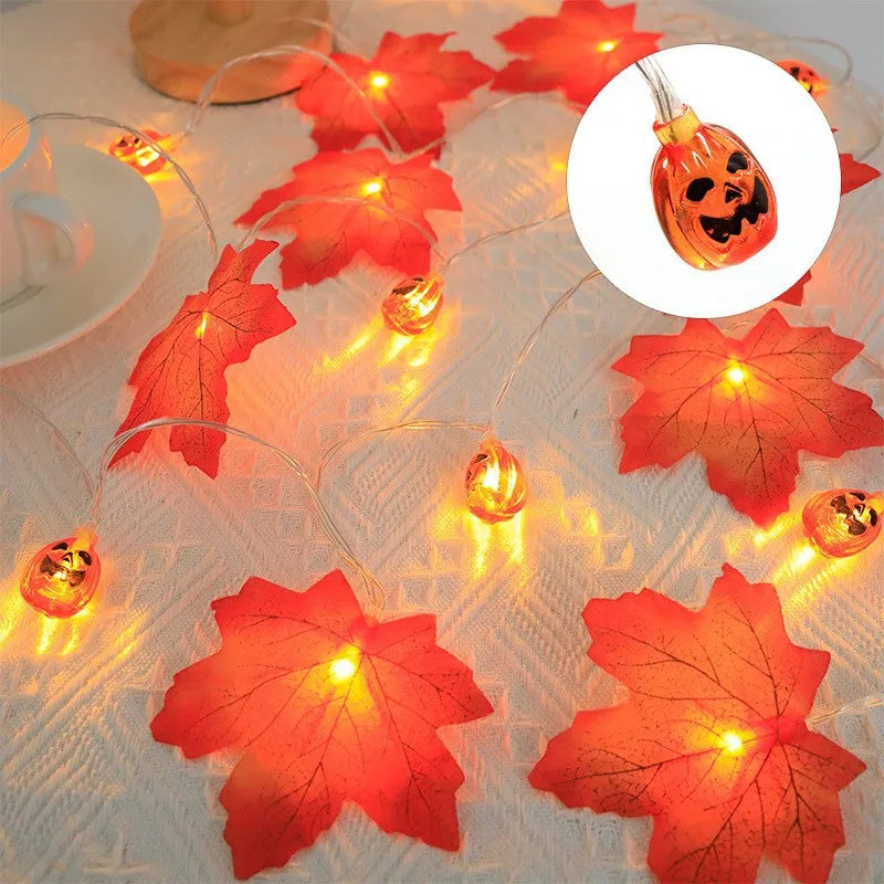 Artificial Autumn Maple Leaves Pumpkin Garland LED Fairy String Light Fall Thanksgiving Decorations Halloween Party DIY Supplies