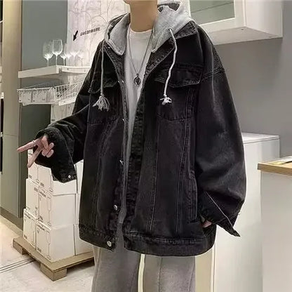 Denim Jacket For Men Autumn/winter Two-piece Illusion Casual Jacket Student Trendy Brand Cool Hooded Loose-fit Denim Clothes