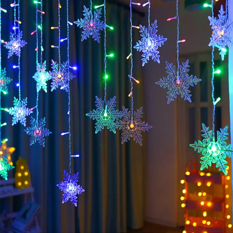 Christmas Decorations 2024 Snowflake Window Curtain Garlands Led Icicle Fairy Lights Flashing 8 Modes EU-Plug New Year