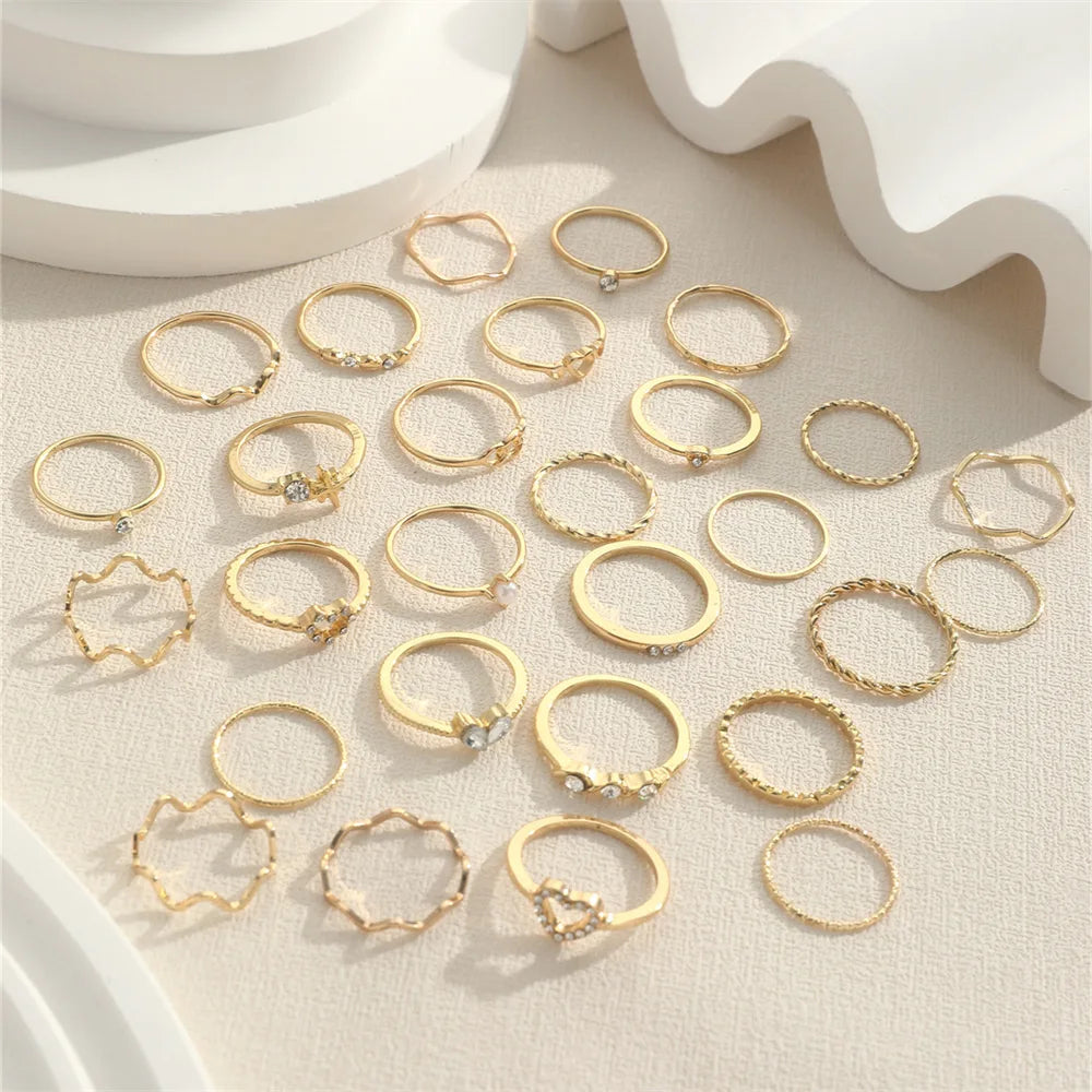 Fashion Simple Wave Joint Rings Set For Women Crystal Heart Shape Gold Silver Color Ring Female Party Jewelry