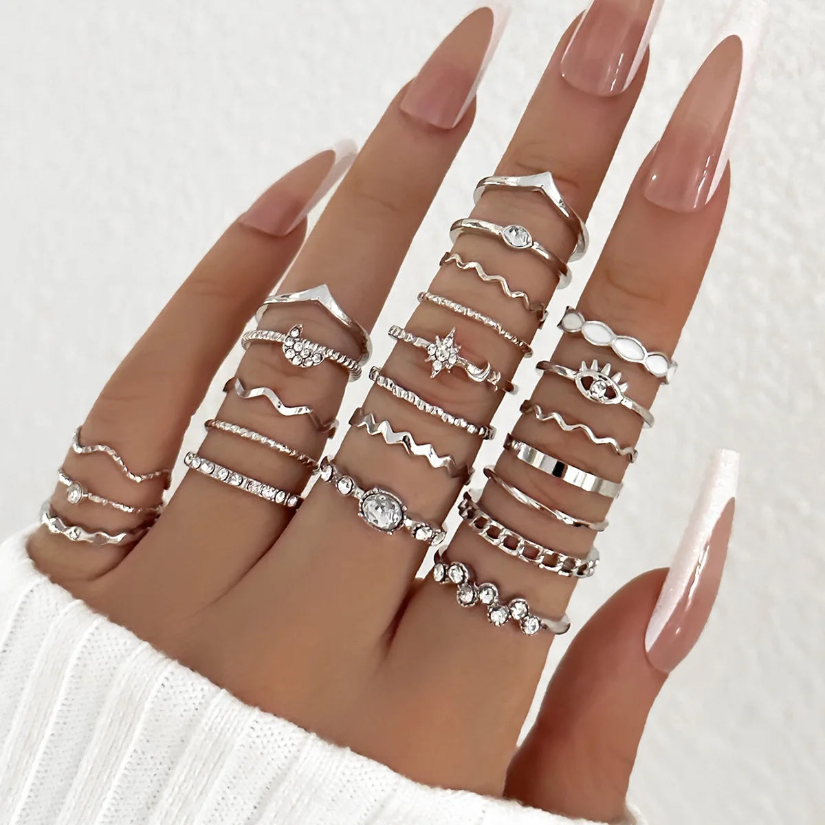 23Pcs Trendy Simple Knuckle Rings Set For Women Crystal Star Moon Eye Wave Ring Female Fashion Party Jewelry Accessories