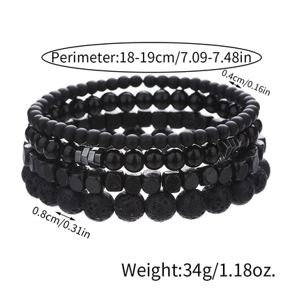 4Pcs/Set Black Gall Stone Volcanic Stone Wood Beads Multi-layer Men's Combination Elastic Bracelet For Couple Friends Jewelry