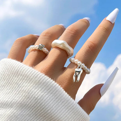 Bohemian Wave Flower Rings Set For Women Vintage Geometric Pearl Butterfly Metal Chain Knuckle Rings 2024 Trendy Jewelry Gift