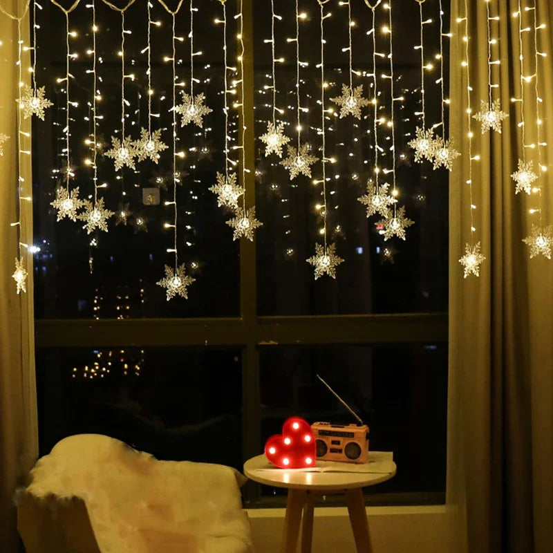 Christmas Decorations 2024 Snowflake Window Curtain Garlands Led Icicle Fairy Lights Flashing 8 Modes EU-Plug New Year