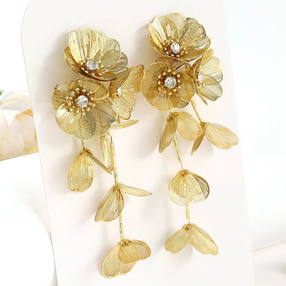 Fashion Rhinestone Flower Pendant Long Tassel Earrings - Trendy Exaggerated Hanging Earrings, Perfect Party Jewelry Accessories