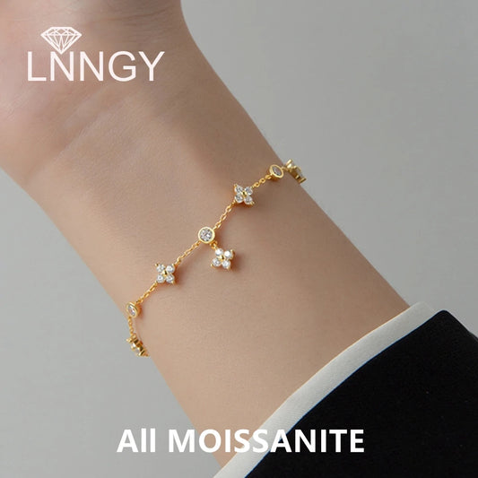 Lnngy Moissanite Bracelet With Certificate 925 Sterling Silver Four-leaf Flower Adjustable Chain Bracelets for Women Trend