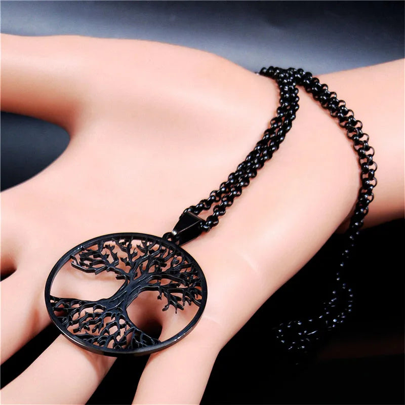 Tree of Life Stainless Steel Long Necklace for Men Black Color Necklaces & Pendants Jewelry