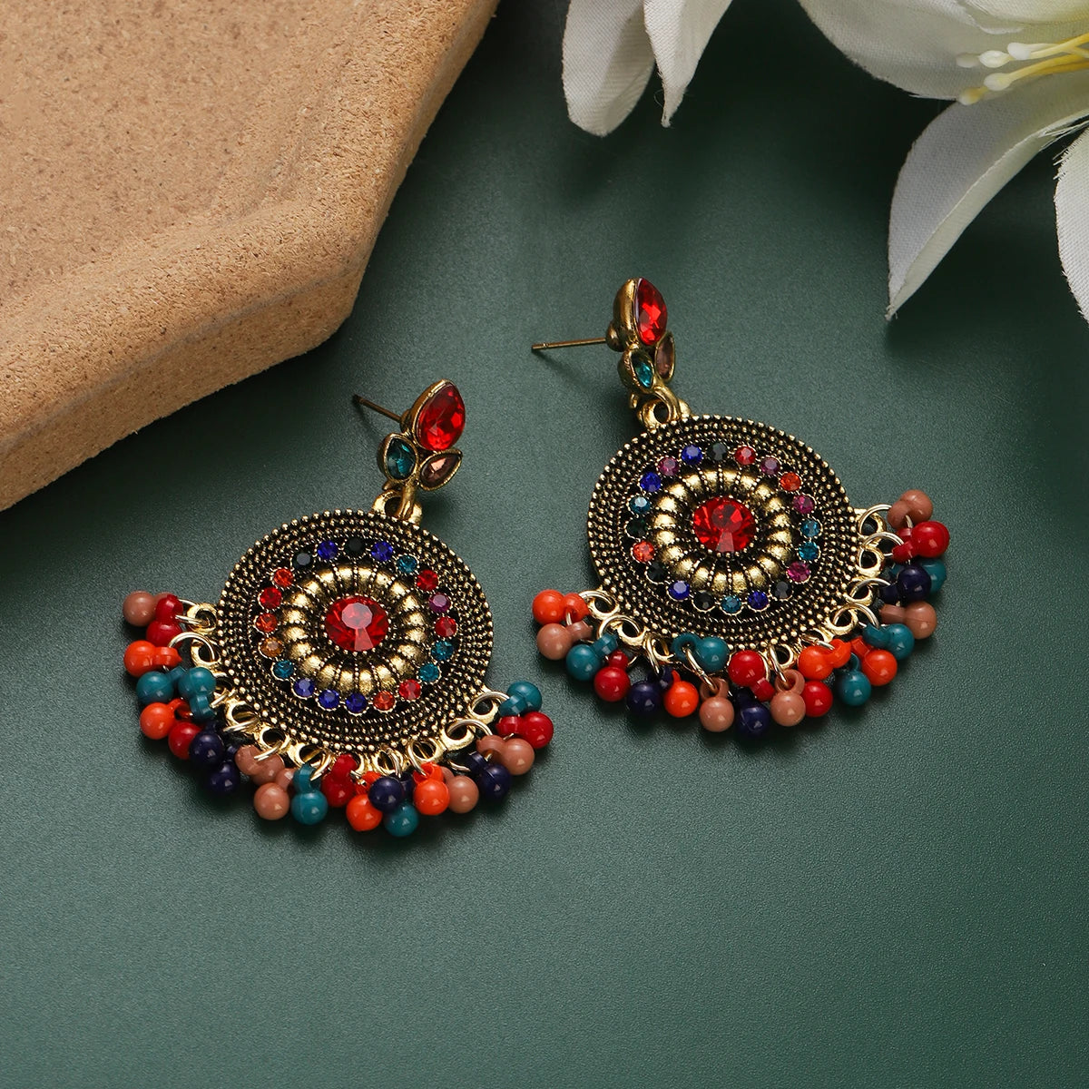 Vintage Crystal Flower Round Pendant Earrings - Ethnic Gold Indian Jhumka with Beads and Tassel