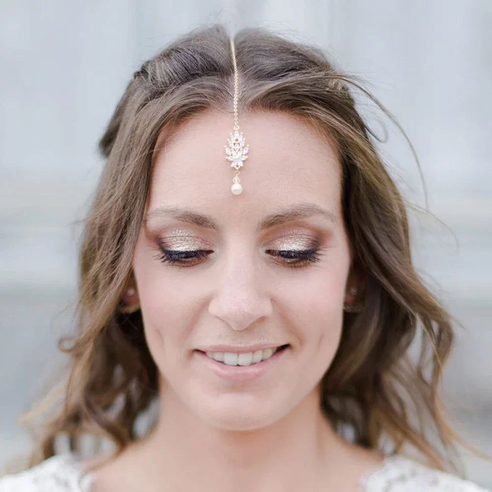 Elegant Zircon Forehead Chain Headpiece - Pearl Pendant Indian Bridal Hair Jewelry, Wedding Accessories