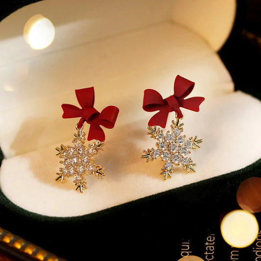 New Red Bow Knot Snowflakes Drop Earring for Women Christmas Santa Claus Snowman Earrings Girls Xmas Jewelry Gifts