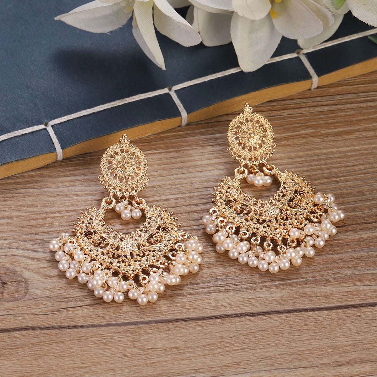 Boho Vintage Gold Heart Shape Dangle Earrings - Ethnic Indian Jhumka with Flower Pearl Tassel