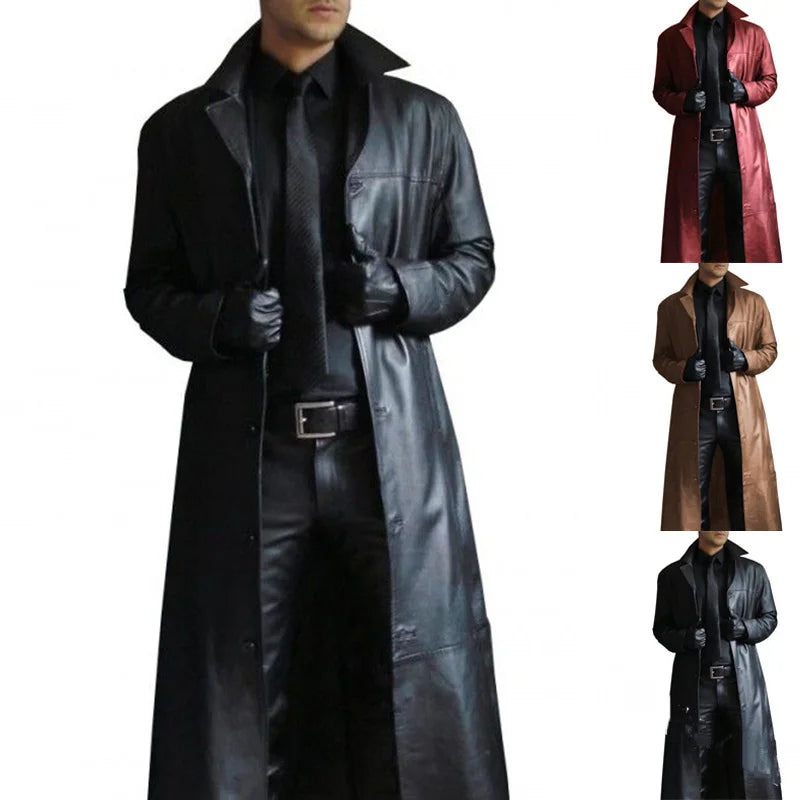 Men Faux Leather Trench Fashion Long Sleeve Autumn Windbreaker Coat Slim Leather Long Leather Jacket Men's Jacket Outwear