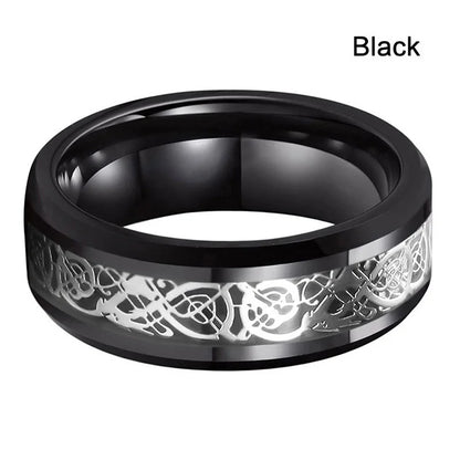 10 Colors 8mm Men's Stainless Steel Celtic Dragon Ring Inlay Red Green Black Carbon Fiber ring Wedding Band Jewelry Size 6-13