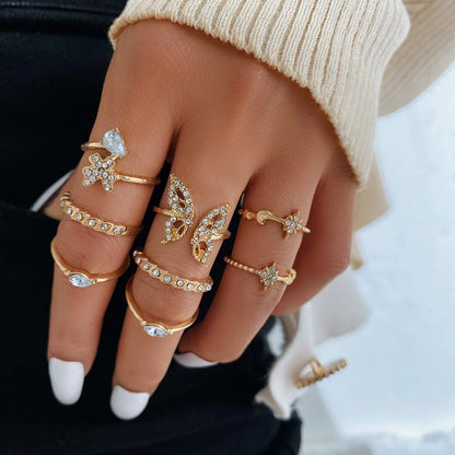 10Pcs Rings Suit For Women Silver-color Chain Ring Set Bohemian Style Coin Snake Moon Star Party Trend Gift Jewelry